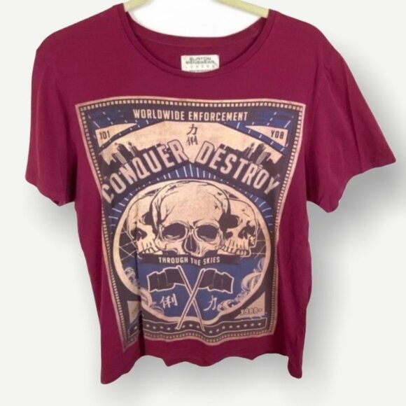 Burton Menswear London Graphic T-Shirt Burgundy Size Medium Short Sleeve Graphic - Picture 1 of 5